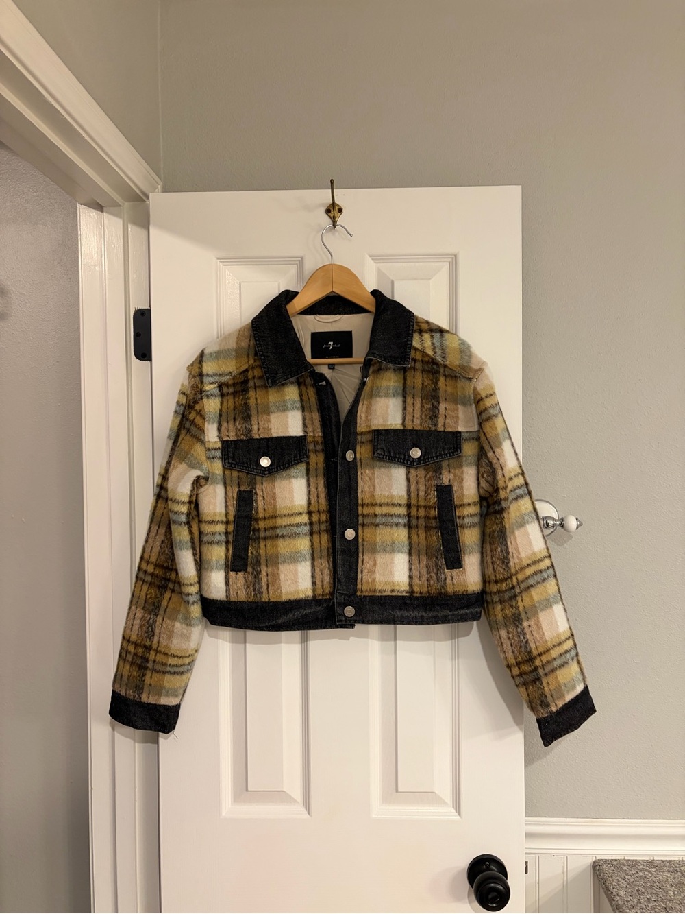 7 For All Mankind Plaid Cropped Denim Jacket Small